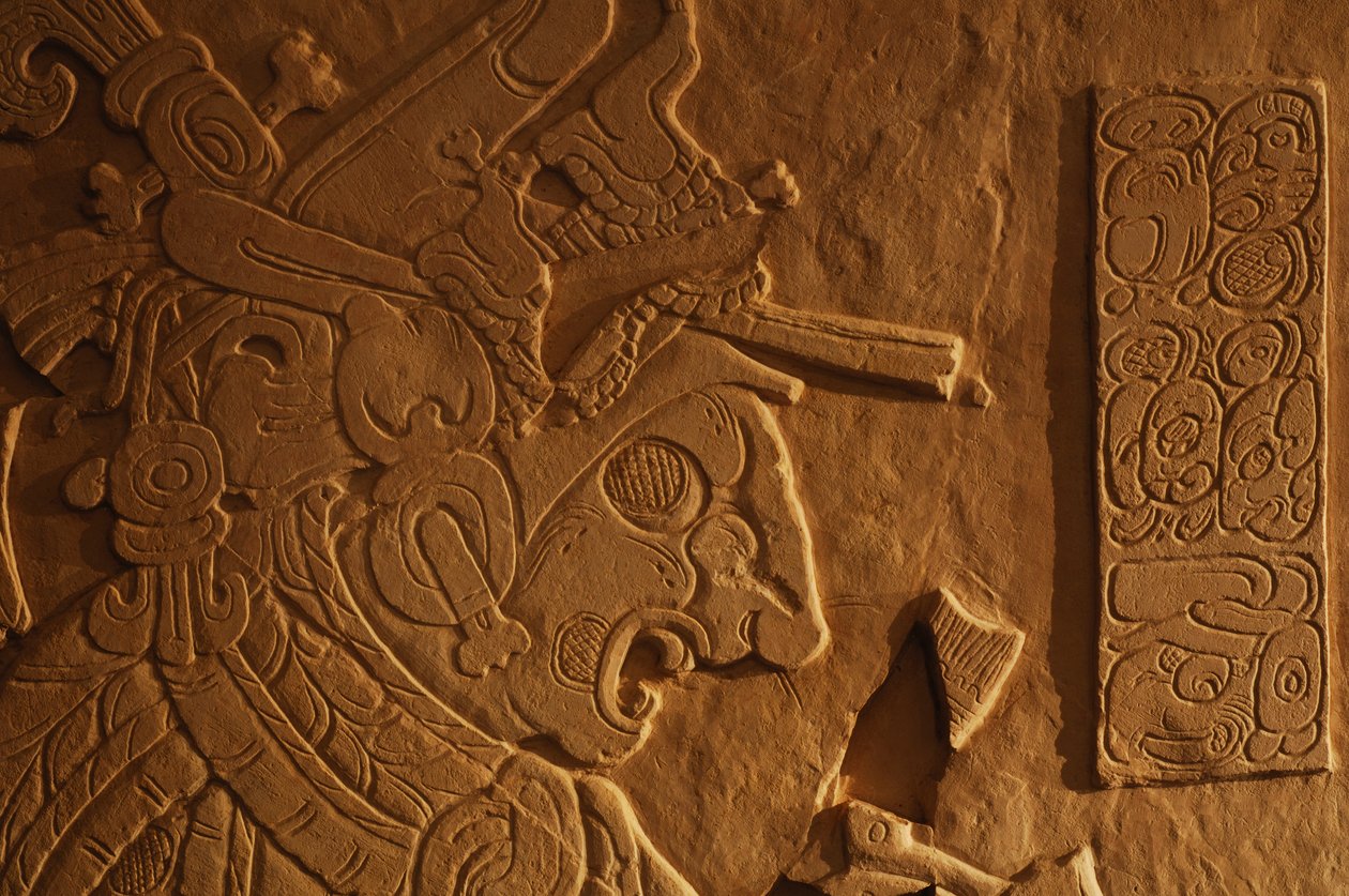 Tempel 21 troonbank, gravure van koning Akhal Mo Nab, Palenque, Mexico, 2005 door Kenneth Garrett