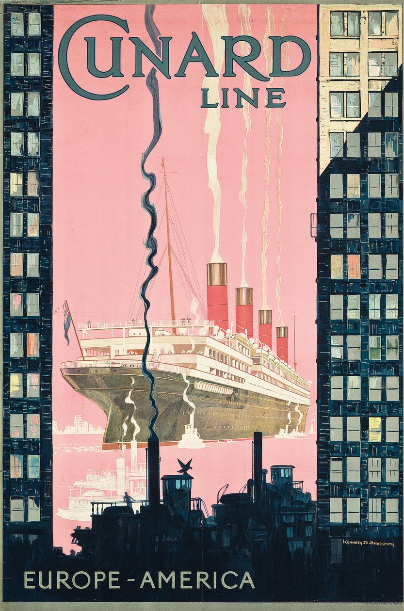Poster voor reizen van Europa naar Amerika met rederij Cunard Line, ca. 1925 door Kenneth Shoesmith