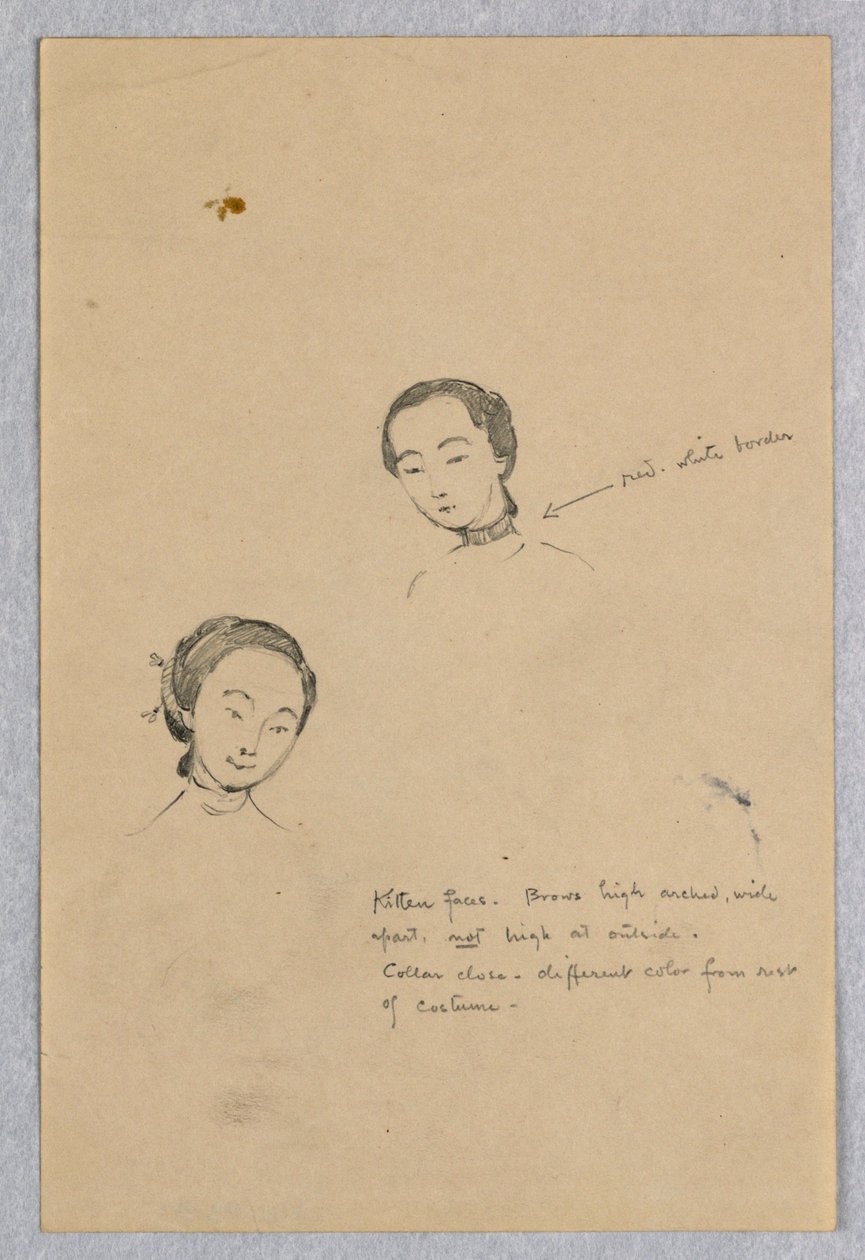 Schets van Twee Vrouwelijke Hoofden voor Chinese Figuur in "Het Huwelijk van de Atlantische en Stille Oceaan," Muurschildering in het Wisconsin State Capitol, Madison, WI door Kenyon Cox