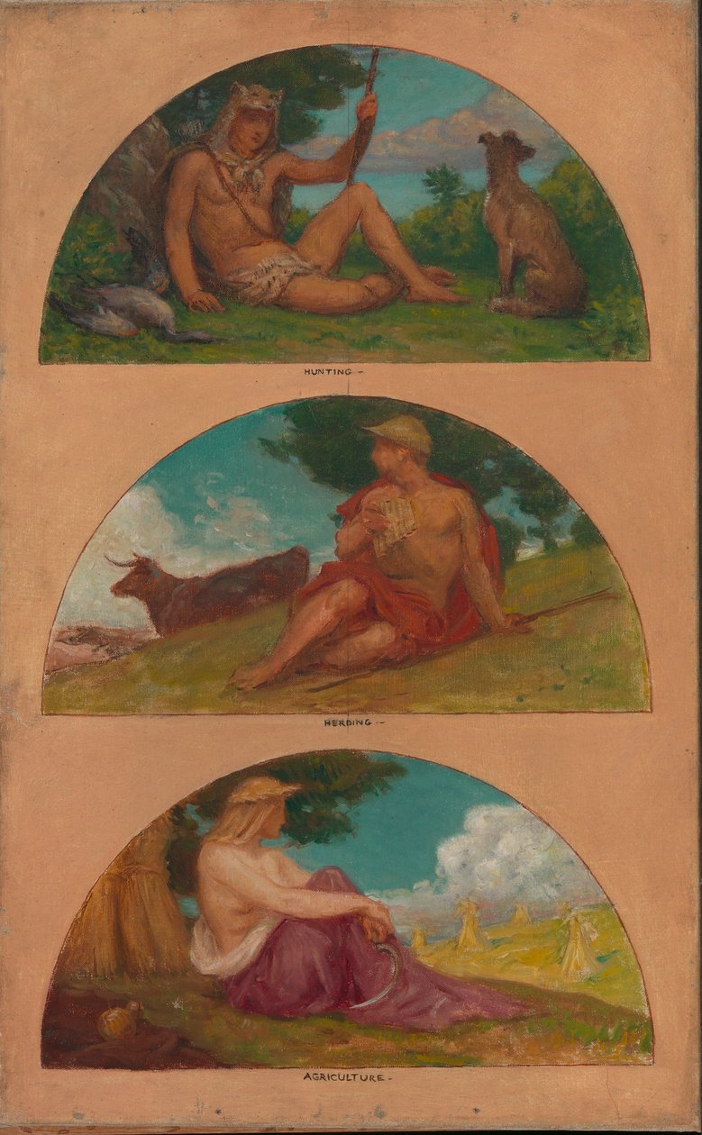 De vooruitgang van de beschaving: Jagen, hoeden, landbouw (muurschildering, State Capitol, Des Moines, Iowa) door Kenyon Cox