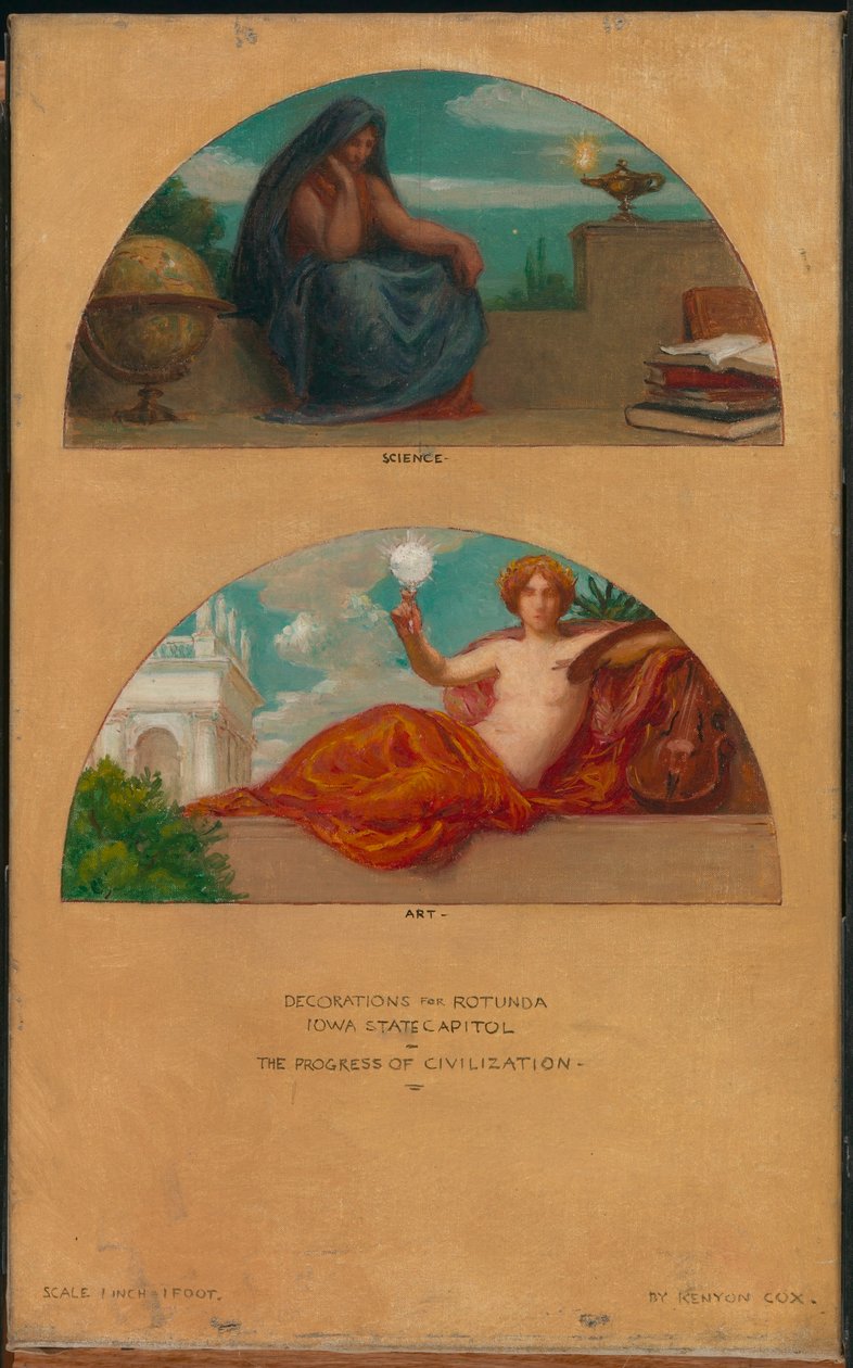 De vooruitgang van de beschaving: Wetenschap en kunst (studie muurschildering, State Capitol, Des Moines, Iowa) door Kenyon Cox