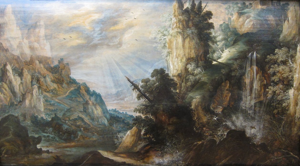 Een berglandschap met een waterval