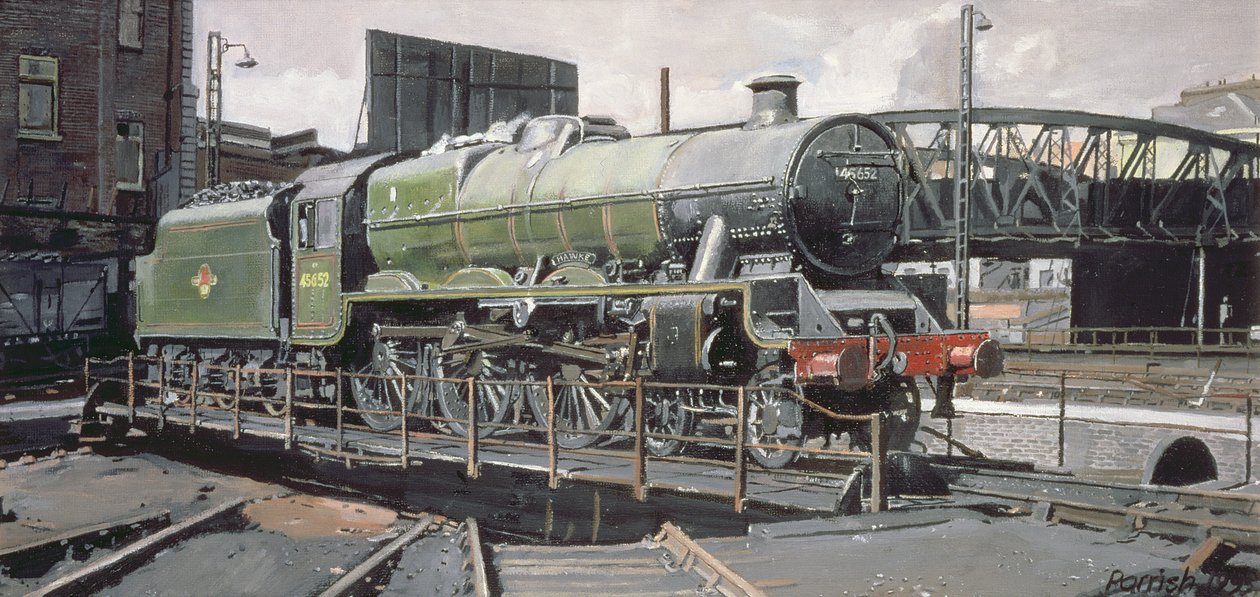 Jubileum Omkering, Hawke 45652 Jubilee Class Locomotief op Camden draaischijf, Londen door Kevin Guild of Railway Artist Parrish