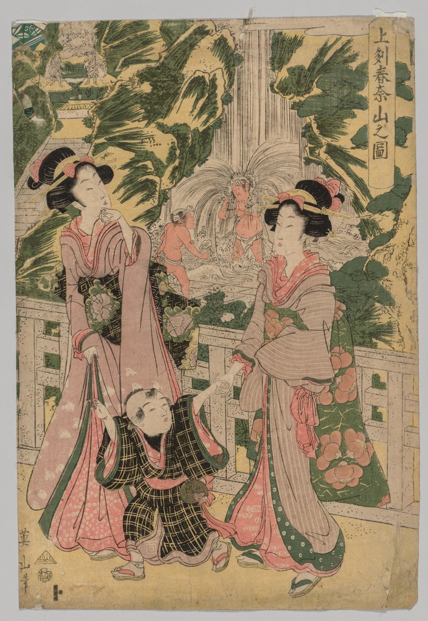 Twee Meisjes en Kind op Tempelbrug, 1787-1867 door Kikugawa Eizan