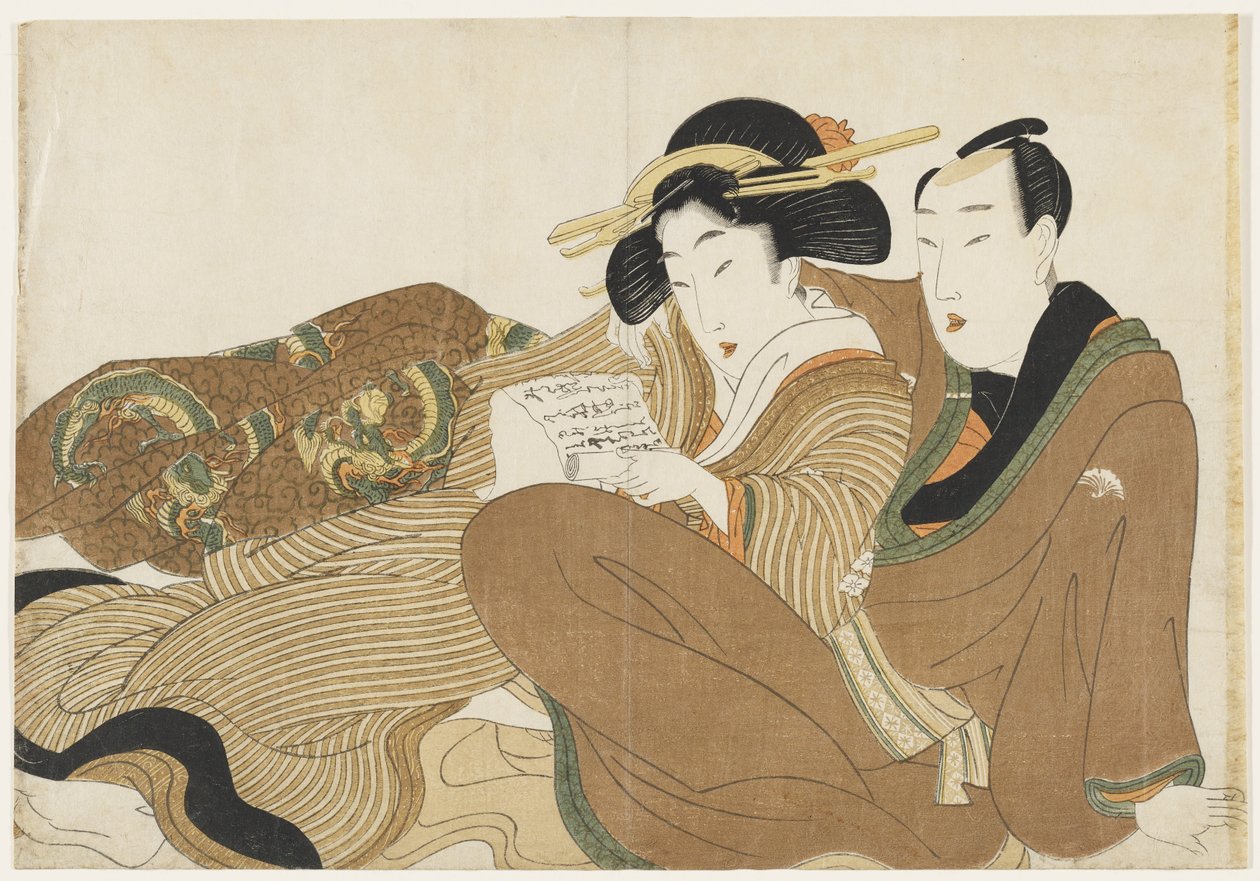 (Liggend paar dat een liefdesbrief leest) door Kikukawa Eizan
