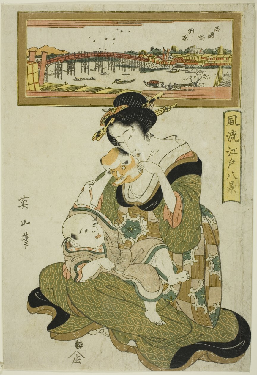 Genieten van de avondkoelte bij de Ryogoku-brug (Ryogokubashi noryo), uit de serie "Modieuze acht gezichten van Edo (Furyu Edo hakkei)" door Kikukawa Eizan