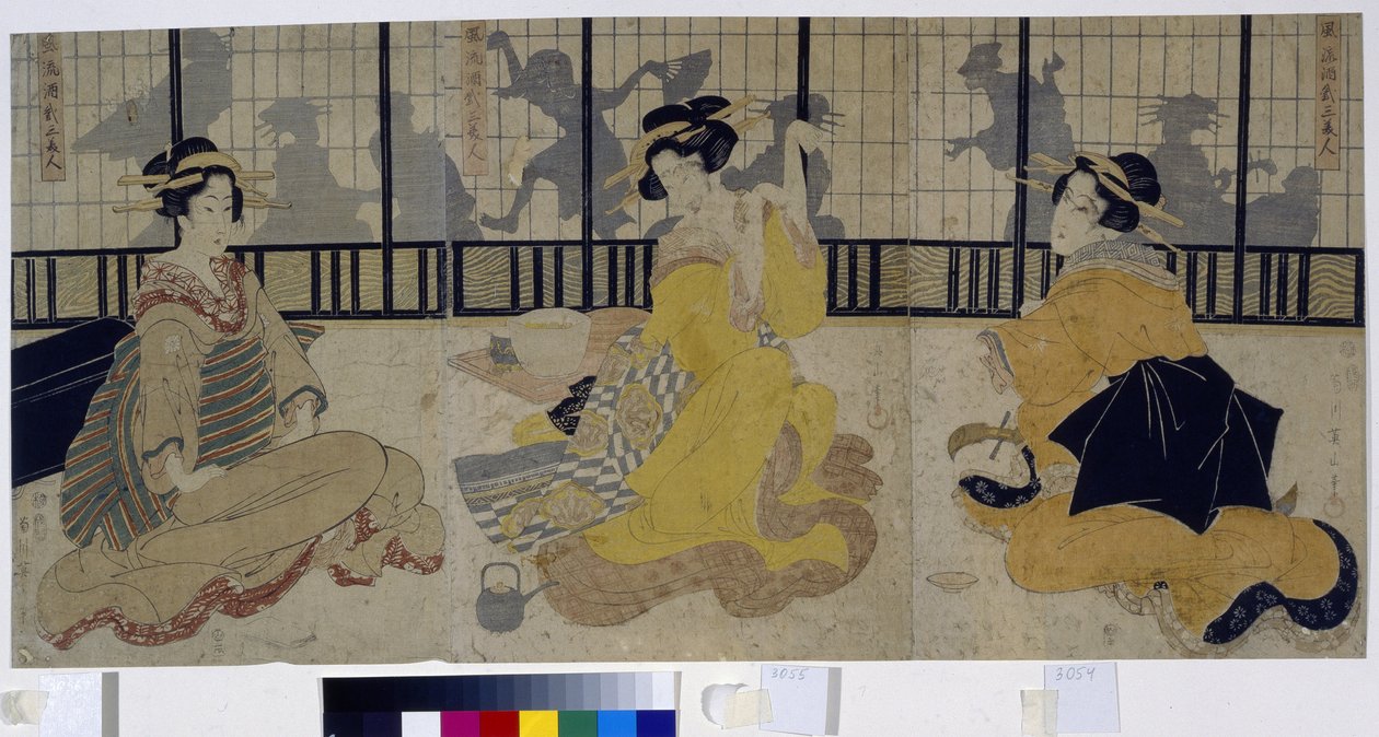 Feest van de drie schoonheden. Groep van drie courtisanes (geisha, geiko) uit de Edo-periode of Tokugawa-periode (1600-1868) in een theehuis (ochaya). Werk van Kikukawa Eizan (1787-1867), houtsnede 1814. door Kikukawa Eizan