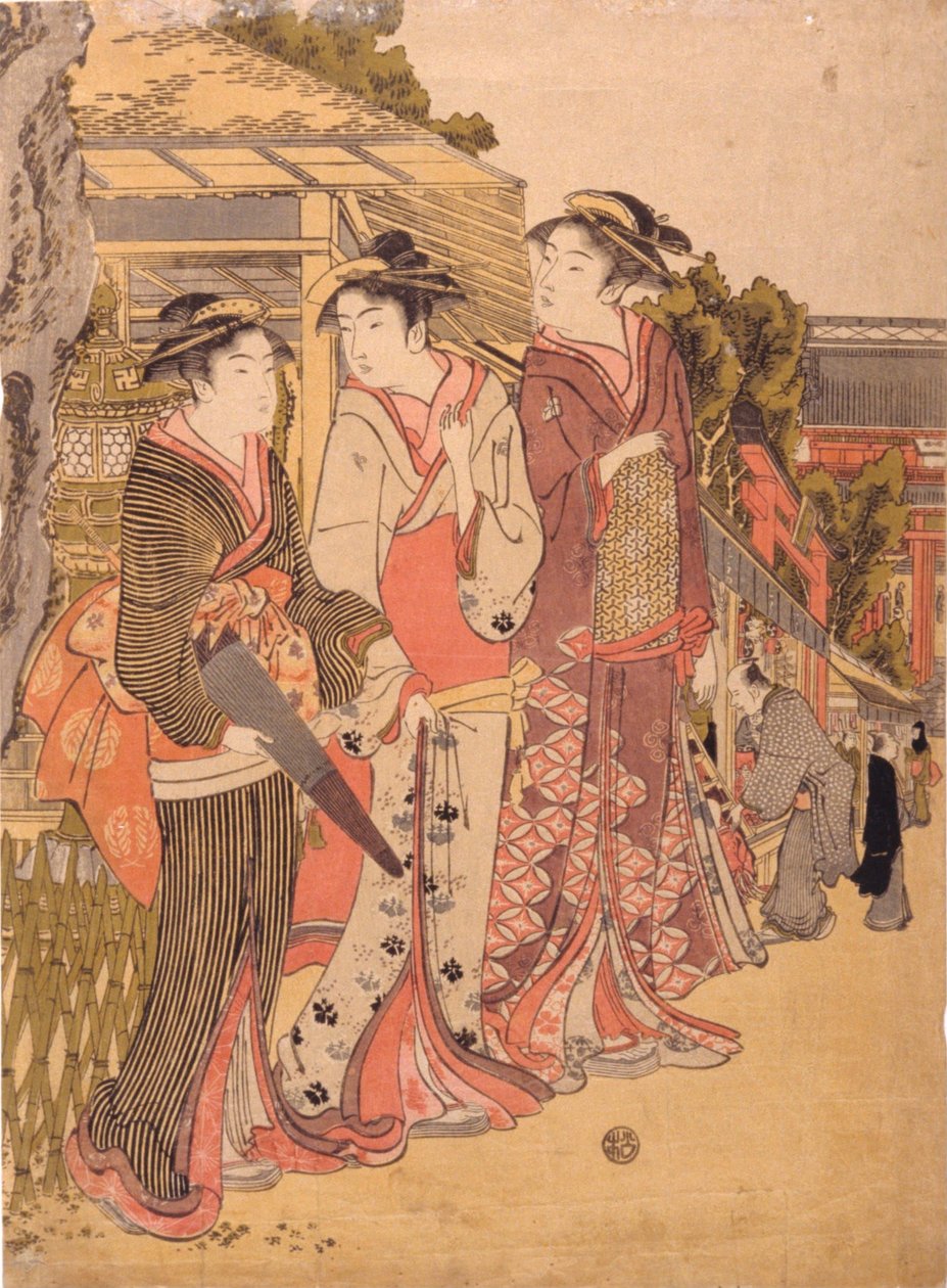Drie schoonheden op de markt door Kikukawa Eizan