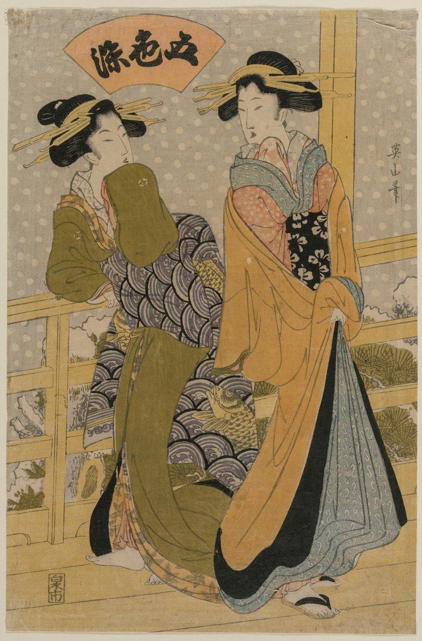 Twee Courtisanes op een Balkon (uit de serie Vijf Kleuren Inkt) door Kikukawa Eizan