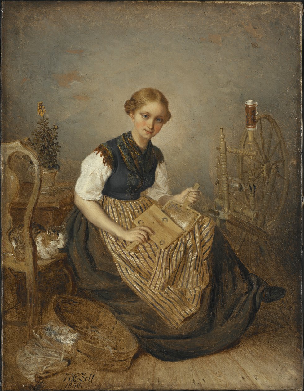 Een Meisje aan het Kaarden, 1856 door Kilian Christoffer Zoll