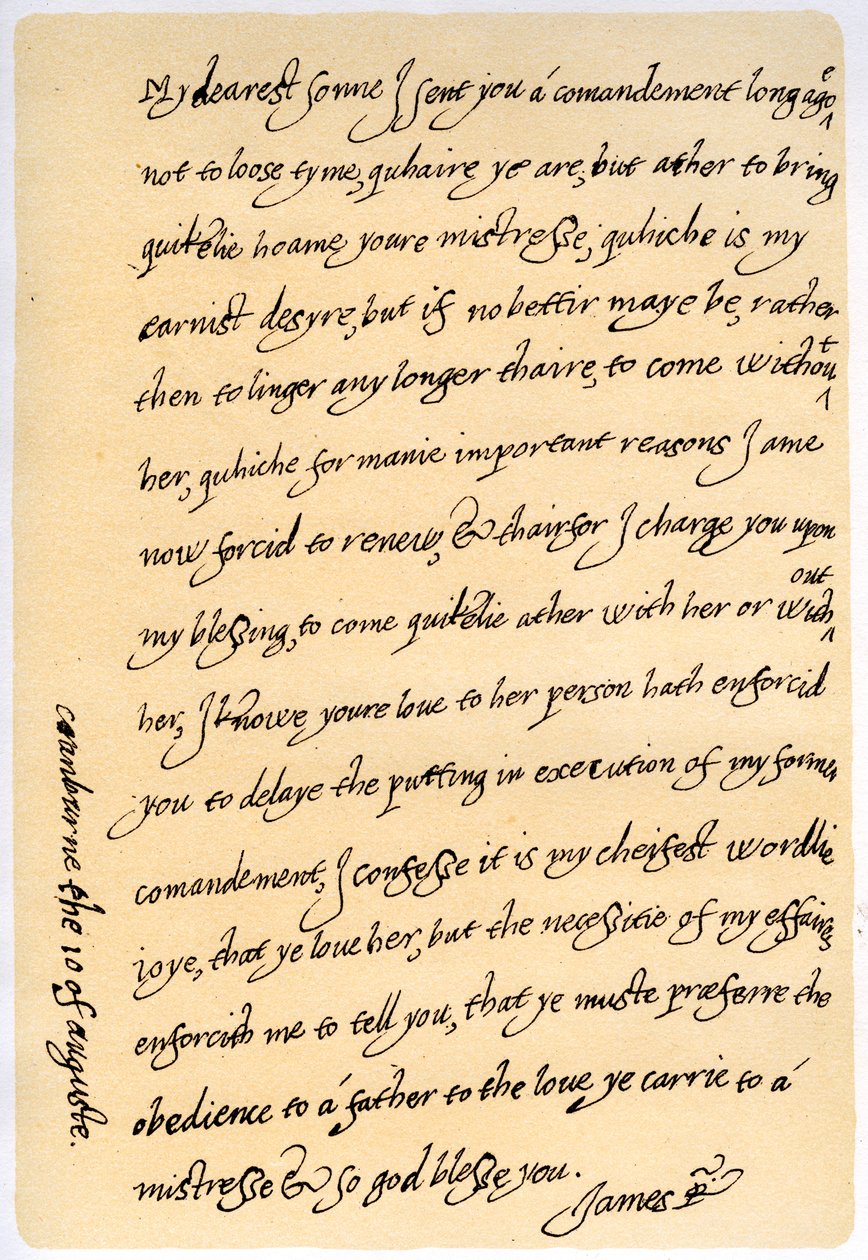 Brief van Jacobus I aan zijn zoon, Karel, Prins van Wales, 10 augustus 1623 door King James I