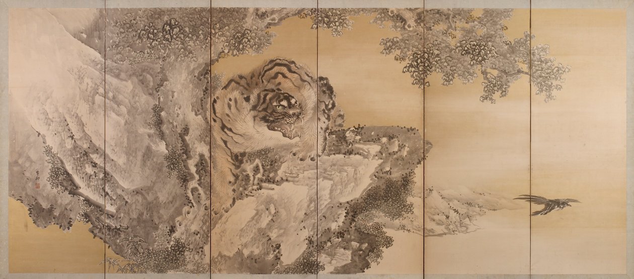 Zesdelig scherm met een brullende tijger, 1749-1838 door Kishi Ganku