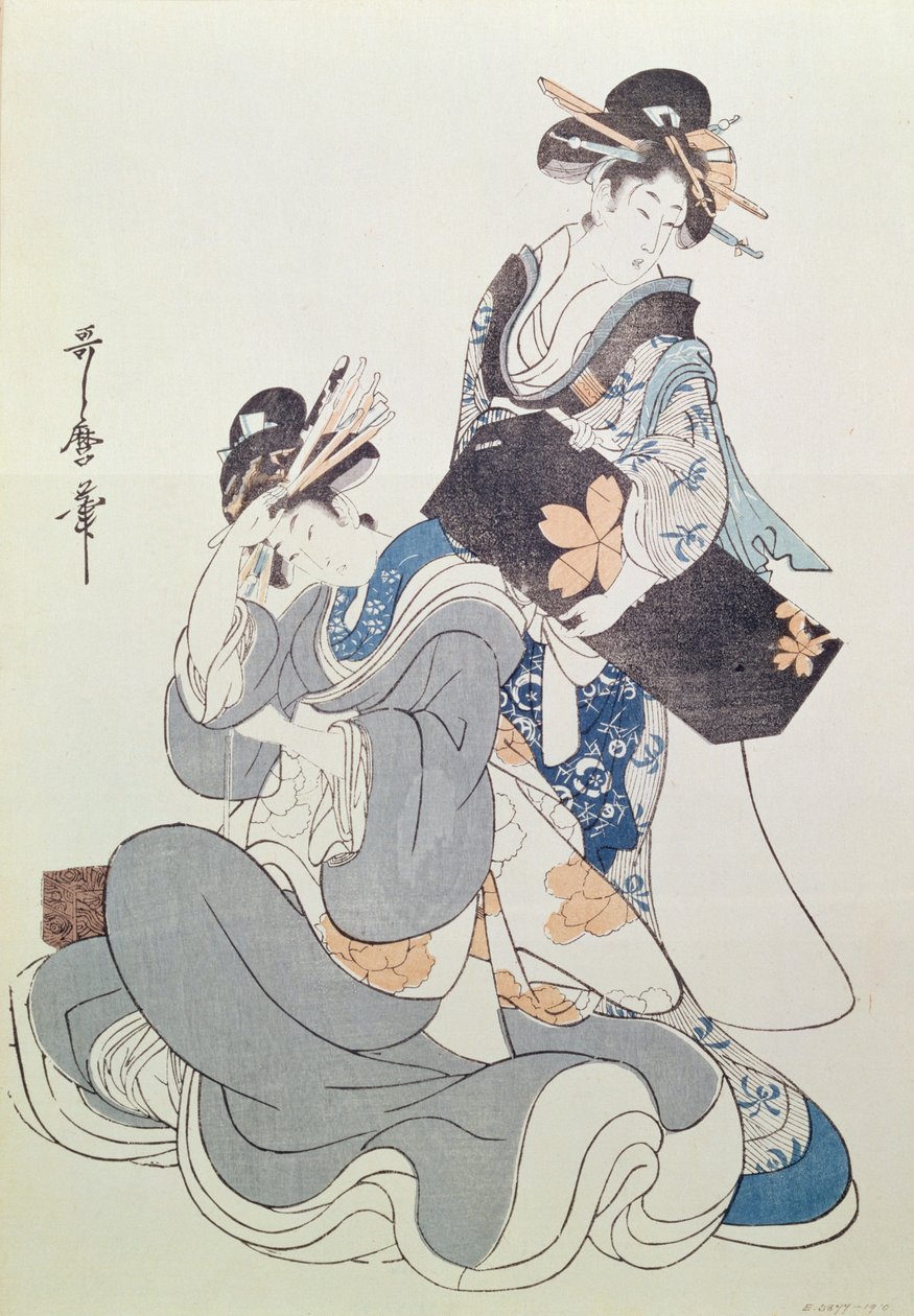Twee vrouwelijke figuren (kleur houtsnede, 9e blok) door Kitagawa Utamaro