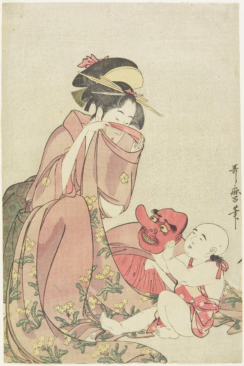 Vrouw speelt met een kind met een Tengu-masker, 1795-1802 door Kitagawa Utamaro