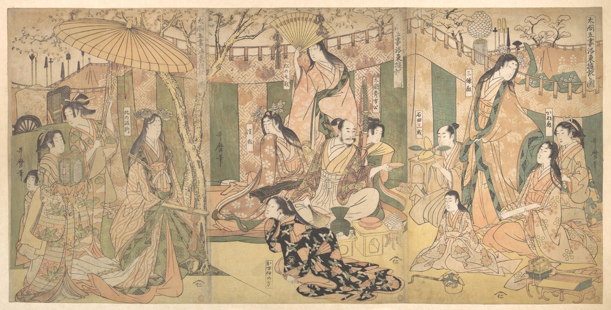 Een blik op de genoegens van de Taiko en zijn vijf vrouwen in Rakutō door Kitagawa Utamaro