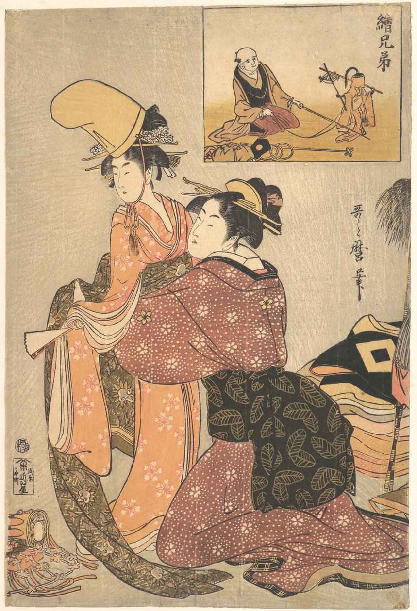 Een vrouw kleedt een meisje aan voor de kabukidans „Musume Dōjōji”, met een „zusterprent” (E-kyōdai) van een apendresseur door Kitagawa Utamaro