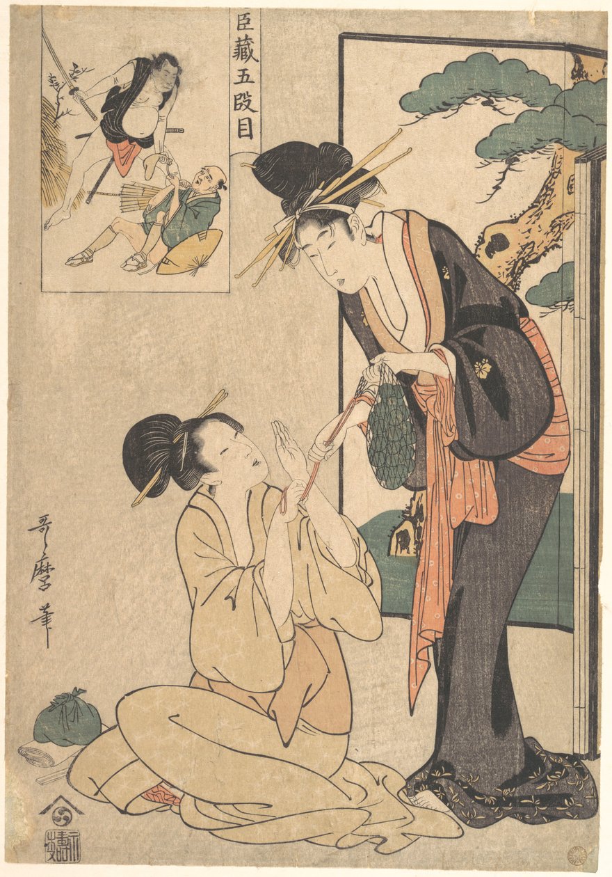 Een vrouw die een zak snoep van haar moeder afpakt door Kitagawa Utamaro