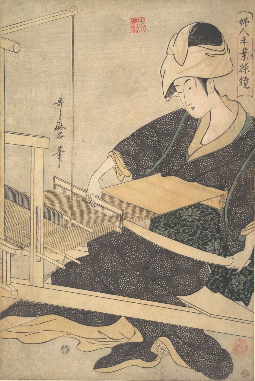 Een Vrouw Weeft, Zittend aan een Handweefgetouw, ca. 1796 door Kitagawa Utamaro