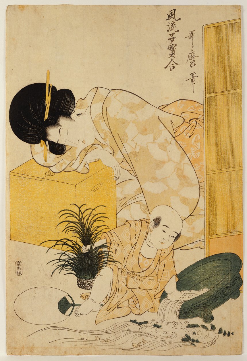 Een moeder die dut terwijl haar kind een vissenkom omstoot, uit de serie "Vergelijking van modieuze kinderen" door Kitagawa Utamaro