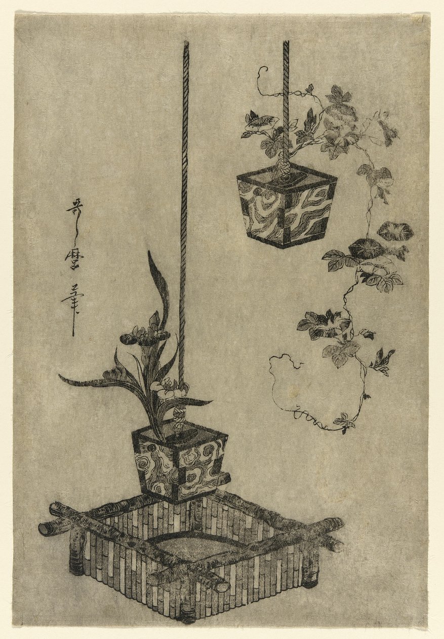 Schikkingen van irissen en ochtendglorieën door Kitagawa Utamaro