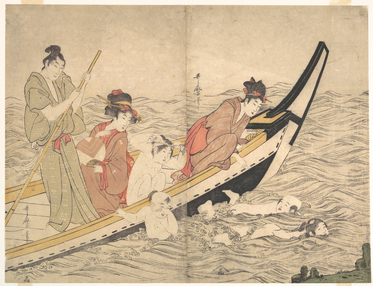 Boottocht met zwemmende kinderen door Kitagawa Utamaro