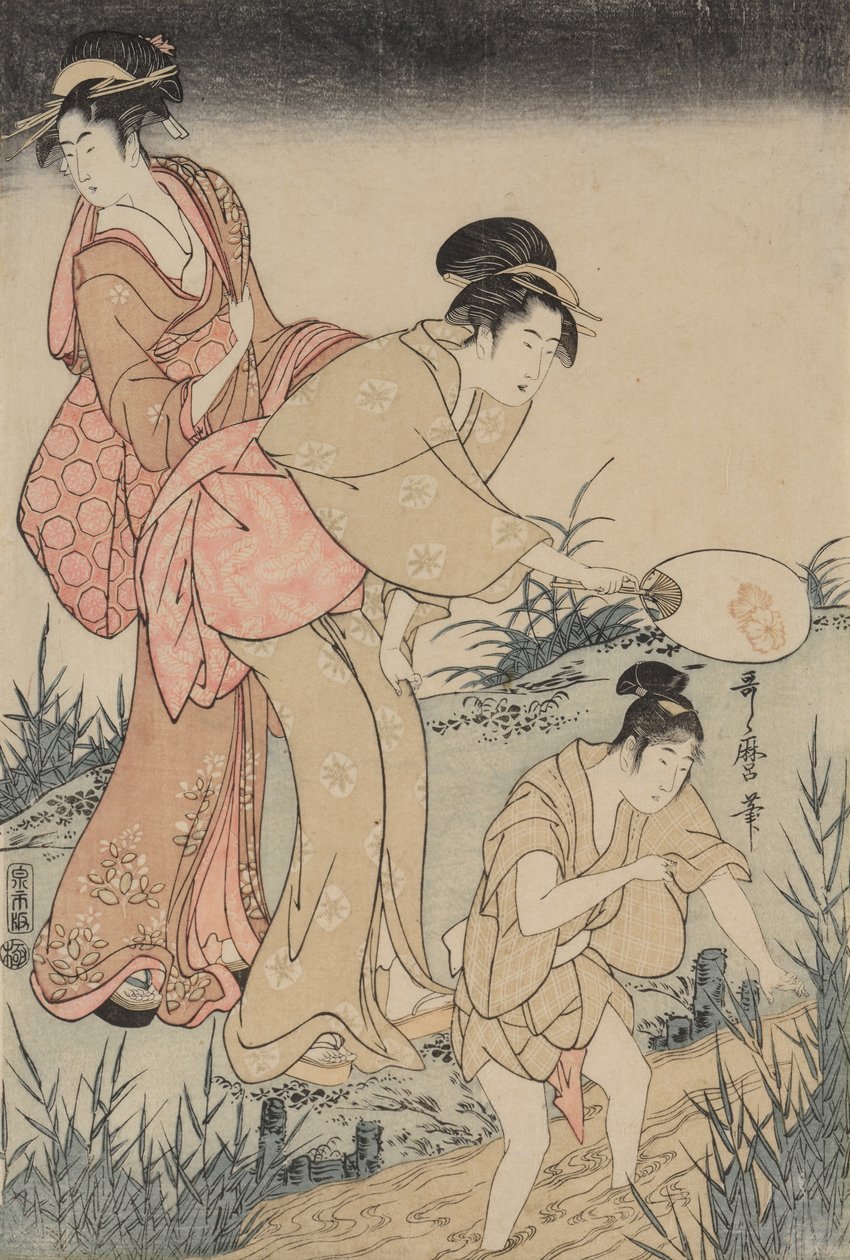 Vuurvliegjes vangen onder een wilgenboom rechts, ca. 1796-1797 door Kitagawa Utamaro