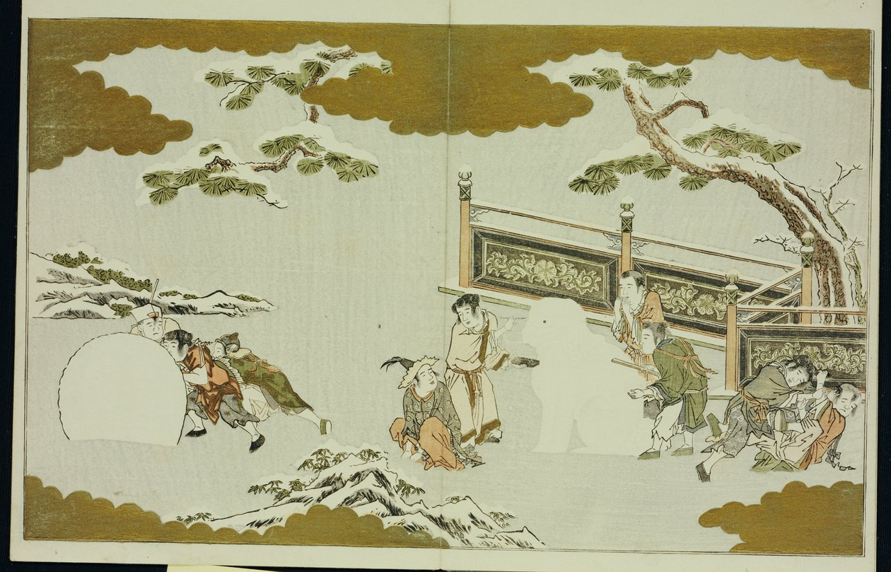 Kinderen maken een sneeuw shishi en rollen een sneeuwbal, uit "De Zilveren Wereld" door Kitagawa Utamaro
