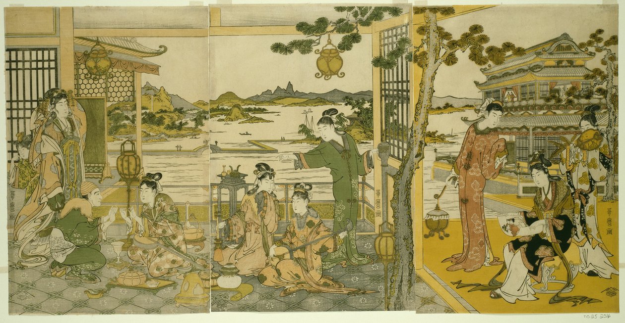 Chinese Schoonheden bij een Banket door Kitagawa Utamaro