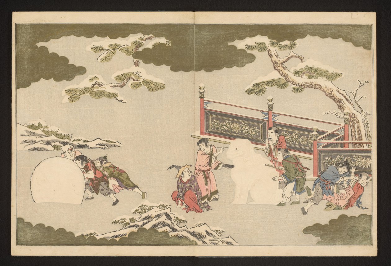 Chinese jongens spelen in de sneeuw door Kitagawa Utamaro
