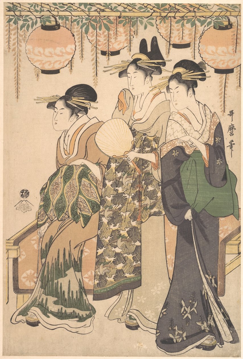 Courtisanes onder een blauwe regen-prieel door Kitagawa Utamaro