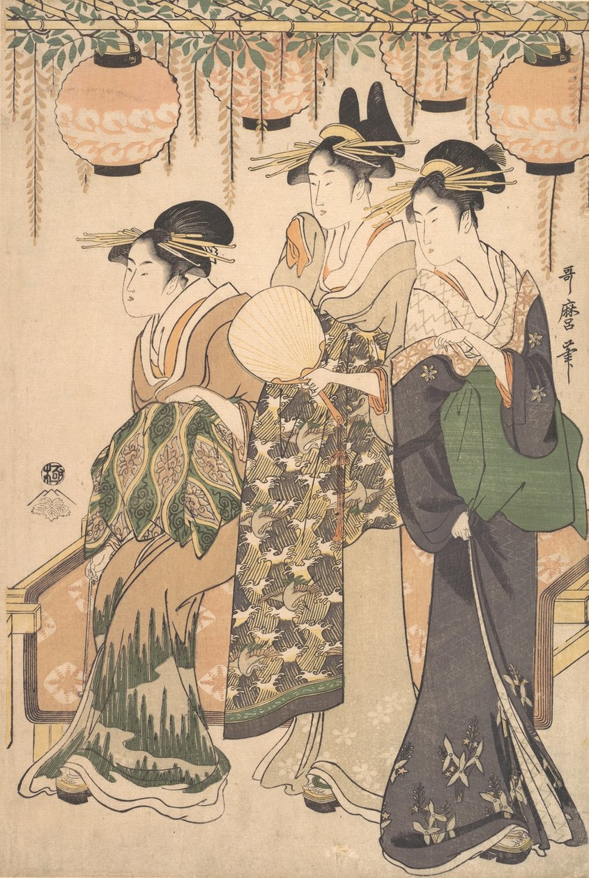 Courtisanes onder een blauwe regen prieel, ca. 1795 door Kitagawa Utamaro