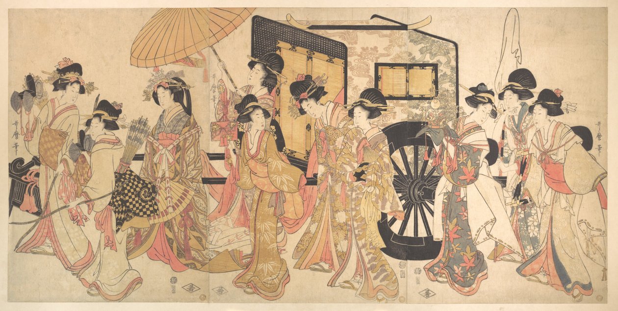 Courtesans die een hofoptocht nabootsen door Kitagawa Utamaro