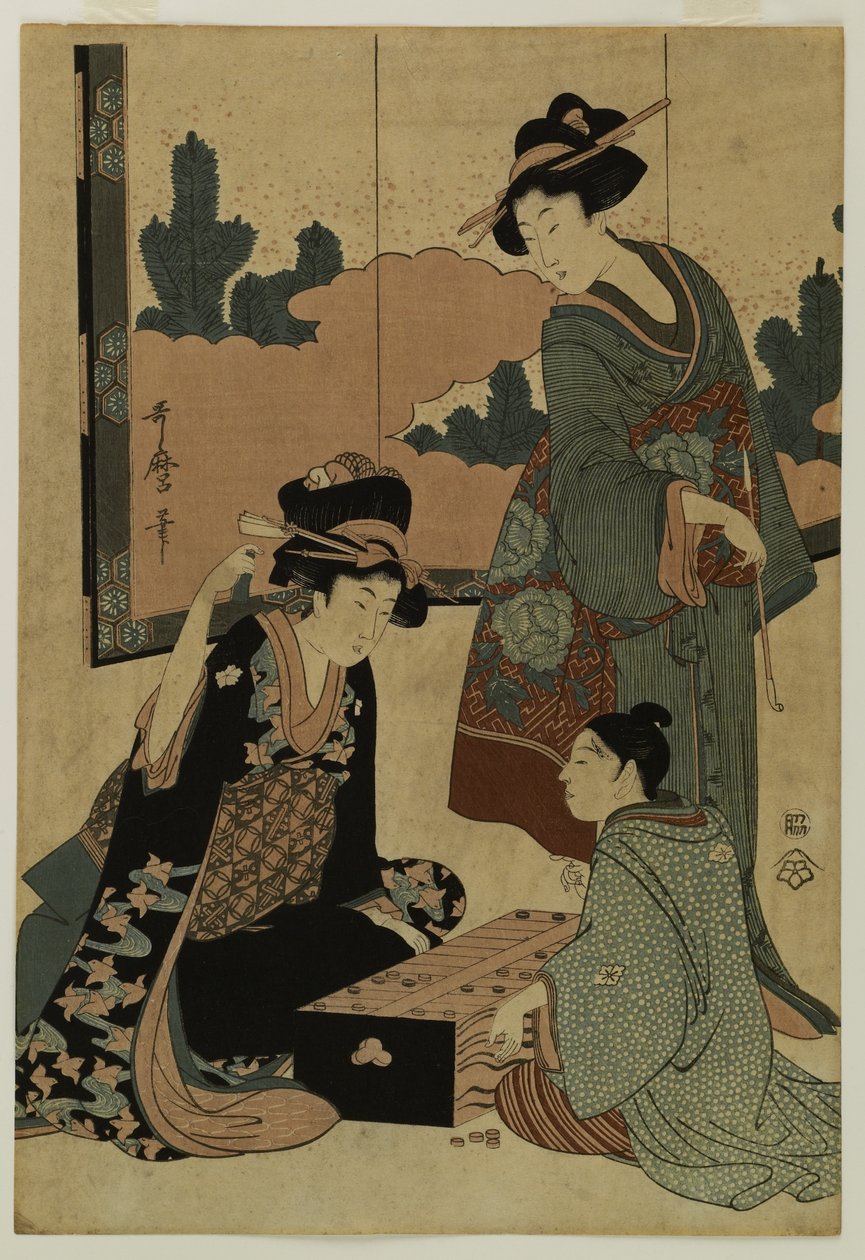 Courtisanes die een bordspel spelen door Kitagawa Utamaro