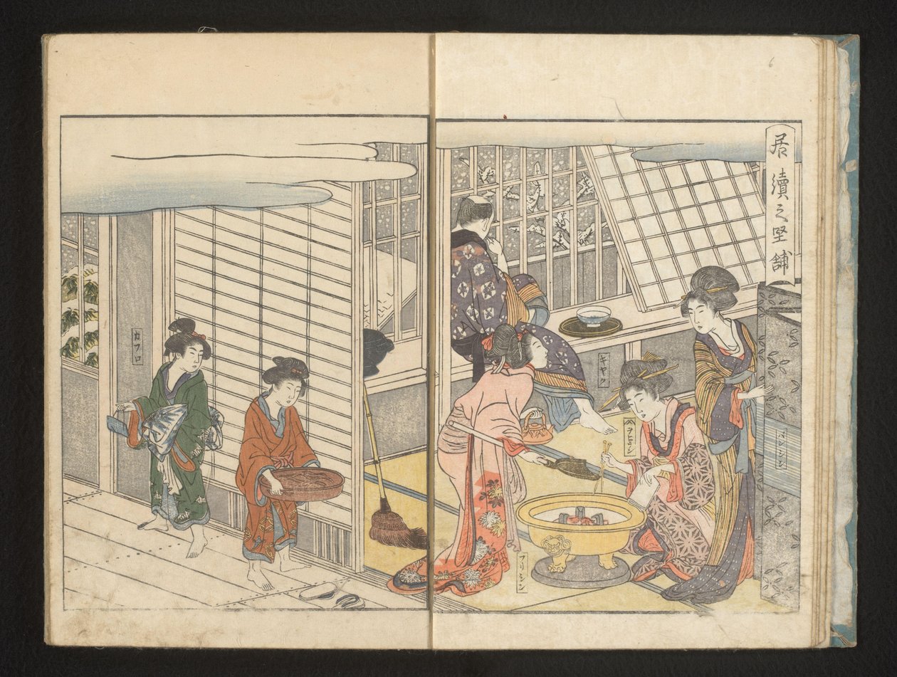 Courtisanes en gast tijdens winterochtend door Kitagawa Utamaro