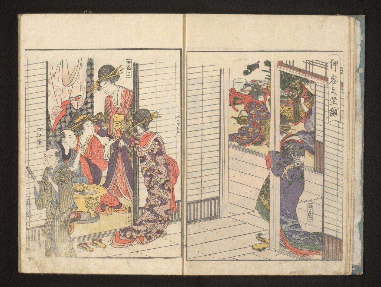 Courtisanes met twee mannelijke gasten door Kitagawa Utamaro