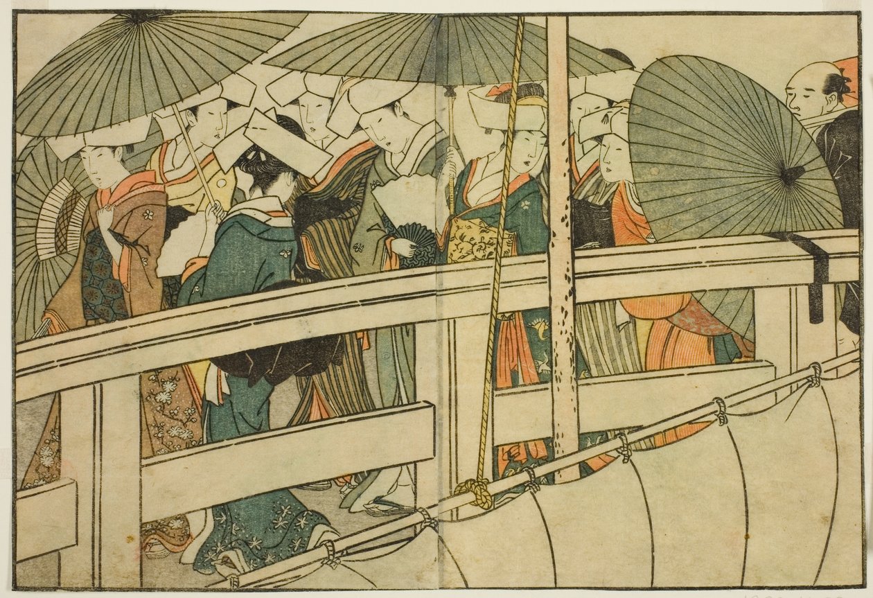 Een Brug Oversteken in de Zomer, uit het geïllustreerde boek "Prentenboek: Bloemen van de Vier Seizoenen (Ehon shiki no hana)," deel 1 door Kitagawa Utamaro