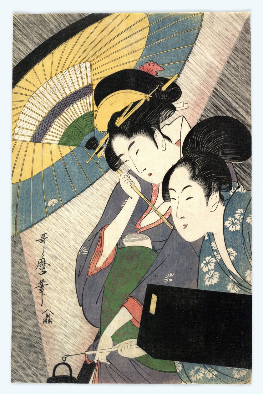 Twee vrouwen onder een paraplu door Kitagawa Utamaro