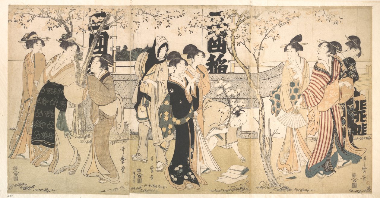 Tentoonstelling van schatten bij het Mimeguri-heiligdom (Mimeguri jinja no onkaichō) door Kitagawa Utamaro