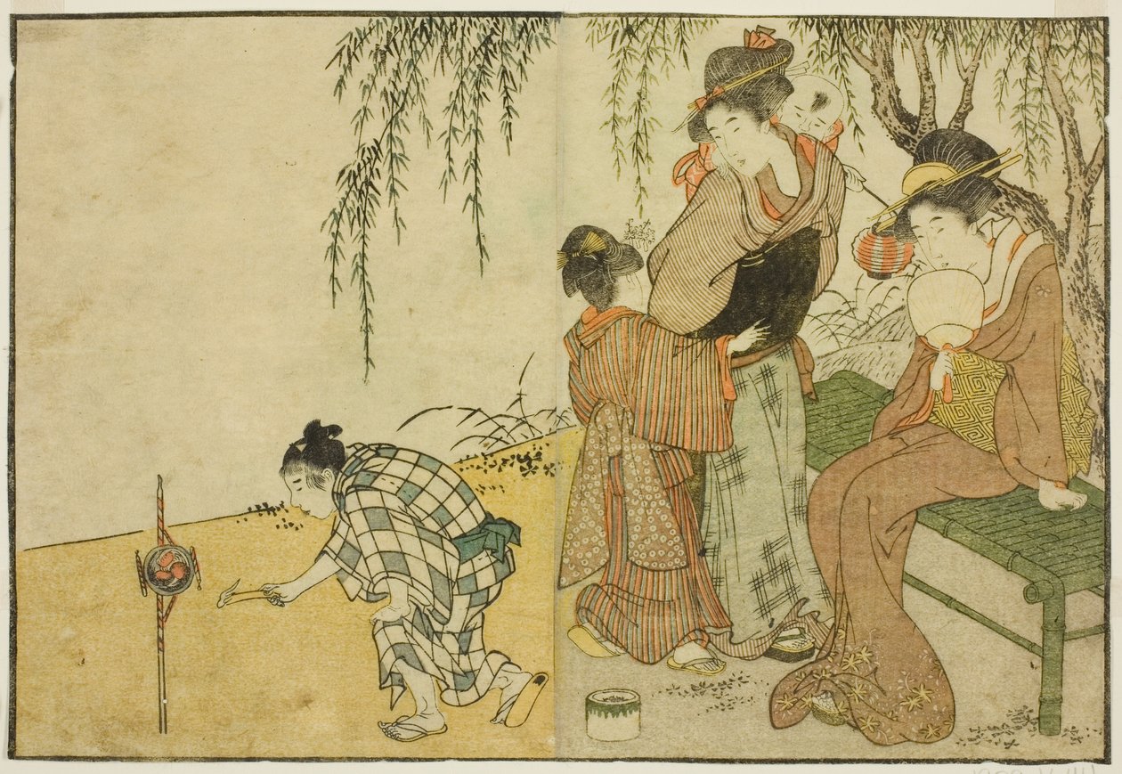 Genieten van vuurwerk, uit het geïllustreerde boek "Prentenboek: Bloemen van de vier seizoenen (Ehon shiki no hana)," deel 1 door Kitagawa Utamaro