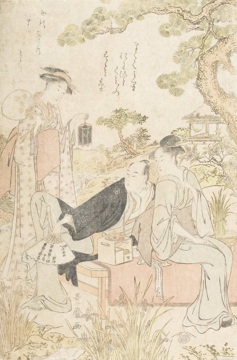 Genieten van de koelte in een tuin door Kitagawa Utamaro