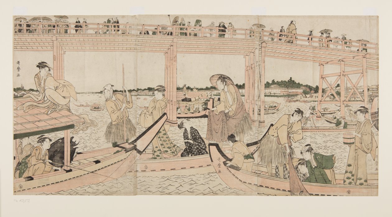 Vissersboten met netten onder de Ryogoku-brug door Kitagawa Utamaro
