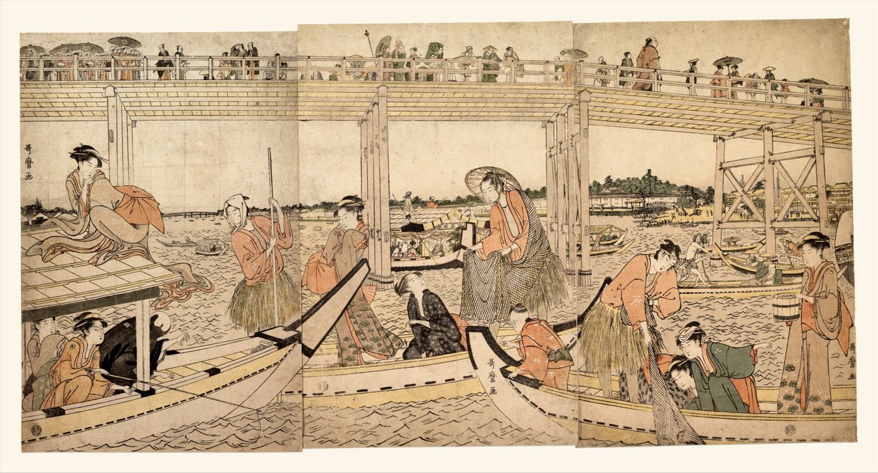 Vissersboten met netten onder de Ryōgoku-brug door Kitagawa Utamaro