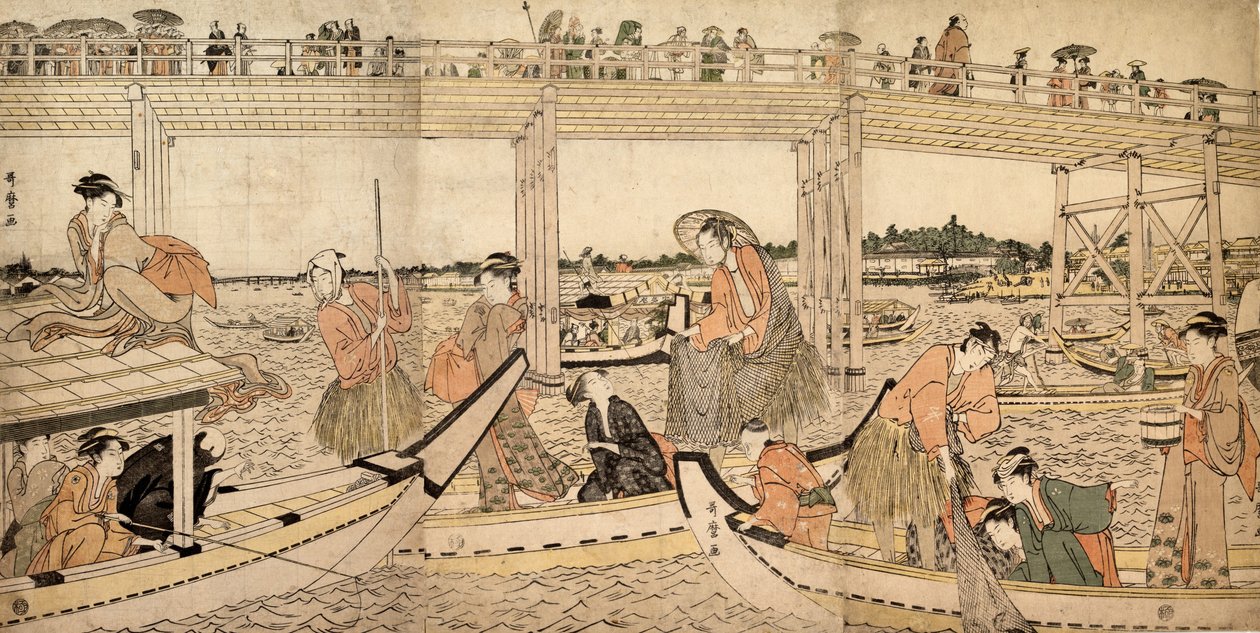 Vissersboten met netten onder de Ryogoku-brug door Kitagawa Utamaro
