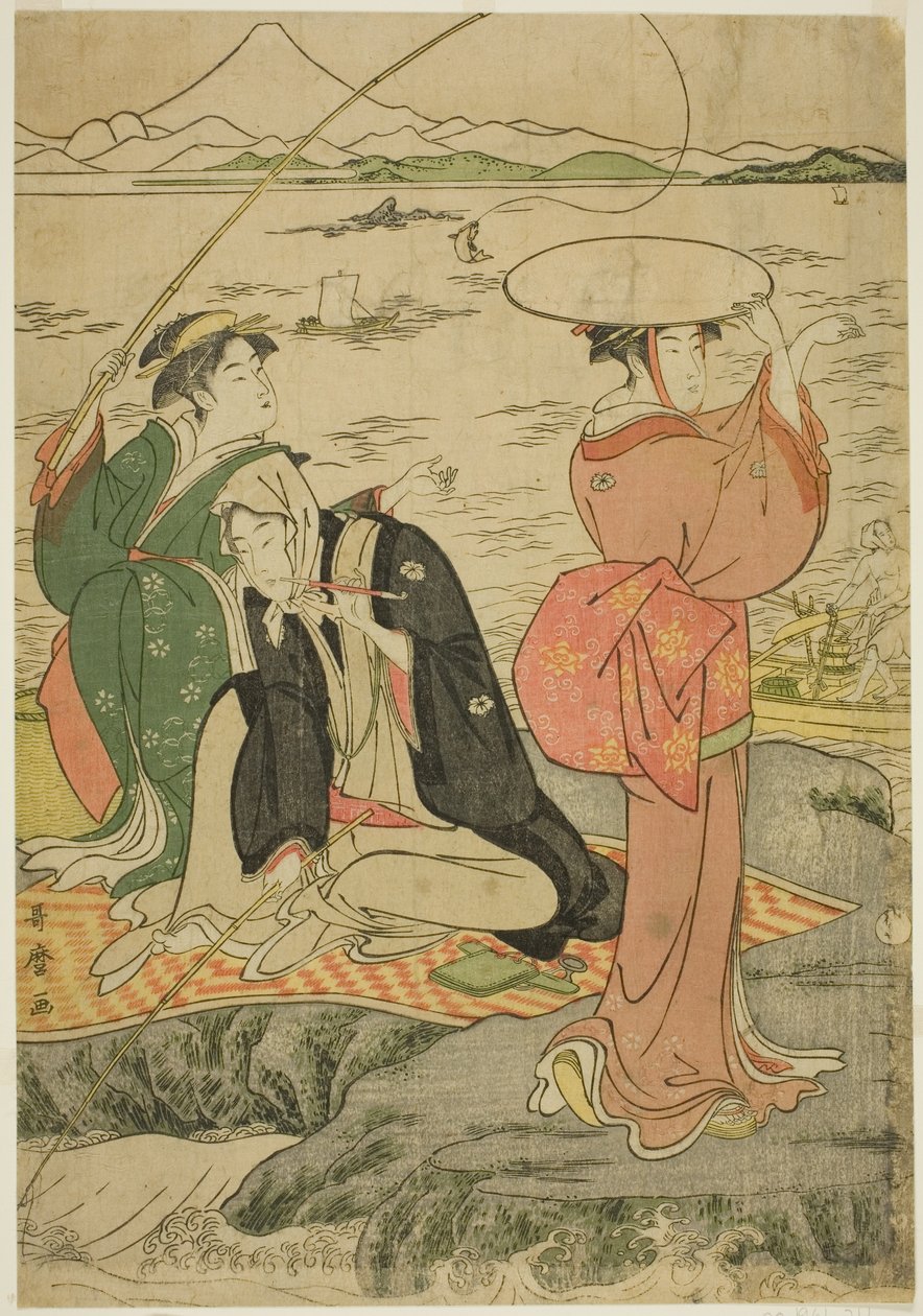 Vissen bij Iwaya, Enoshima door Kitagawa Utamaro
