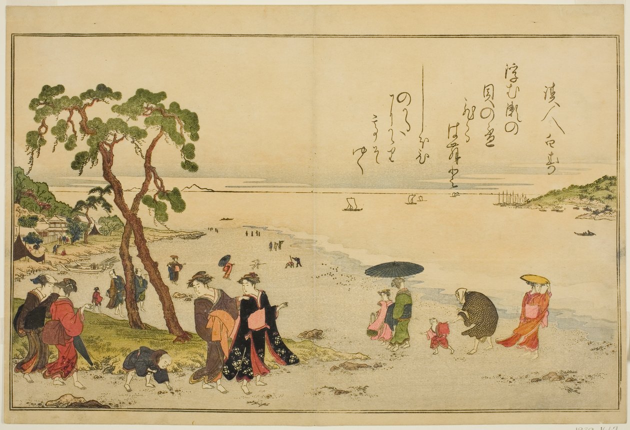 Schelpen verzamelen bij eb, uit het geïllustreerde boek "Geschenken van de eb (Shiohi no tsuto)" door Kitagawa Utamaro