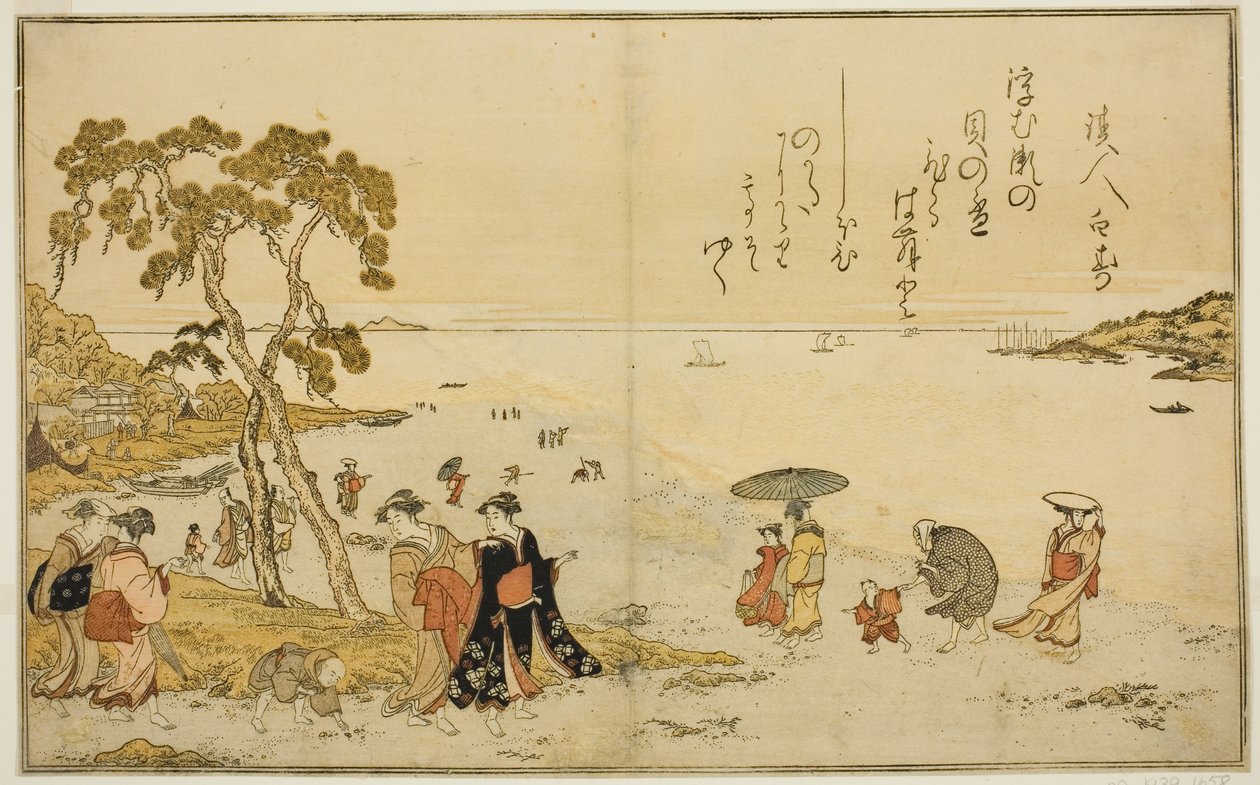Schelpen Verzamelen bij Eb, uit het geïllustreerde boek "Giften van de Eb" door Kitagawa Utamaro