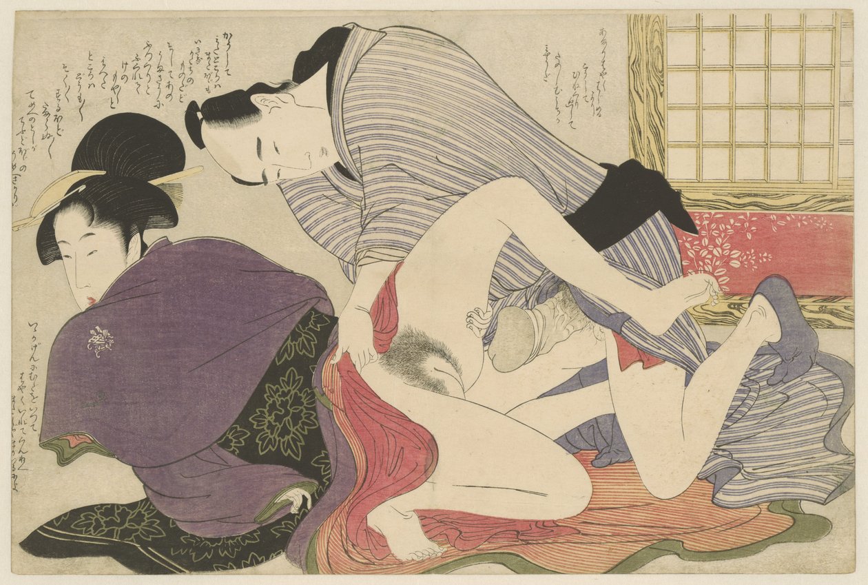Geisha en minnaar bij vrijstaand kamerscherm door Kitagawa Utamaro