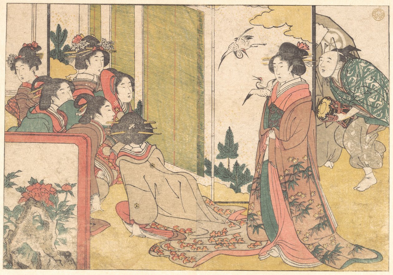 Meisjes vermaakt door artiesten, uit het geïllustreerde boek „Bloemen van de vier jaargetijden“ door Kitagawa Utamaro