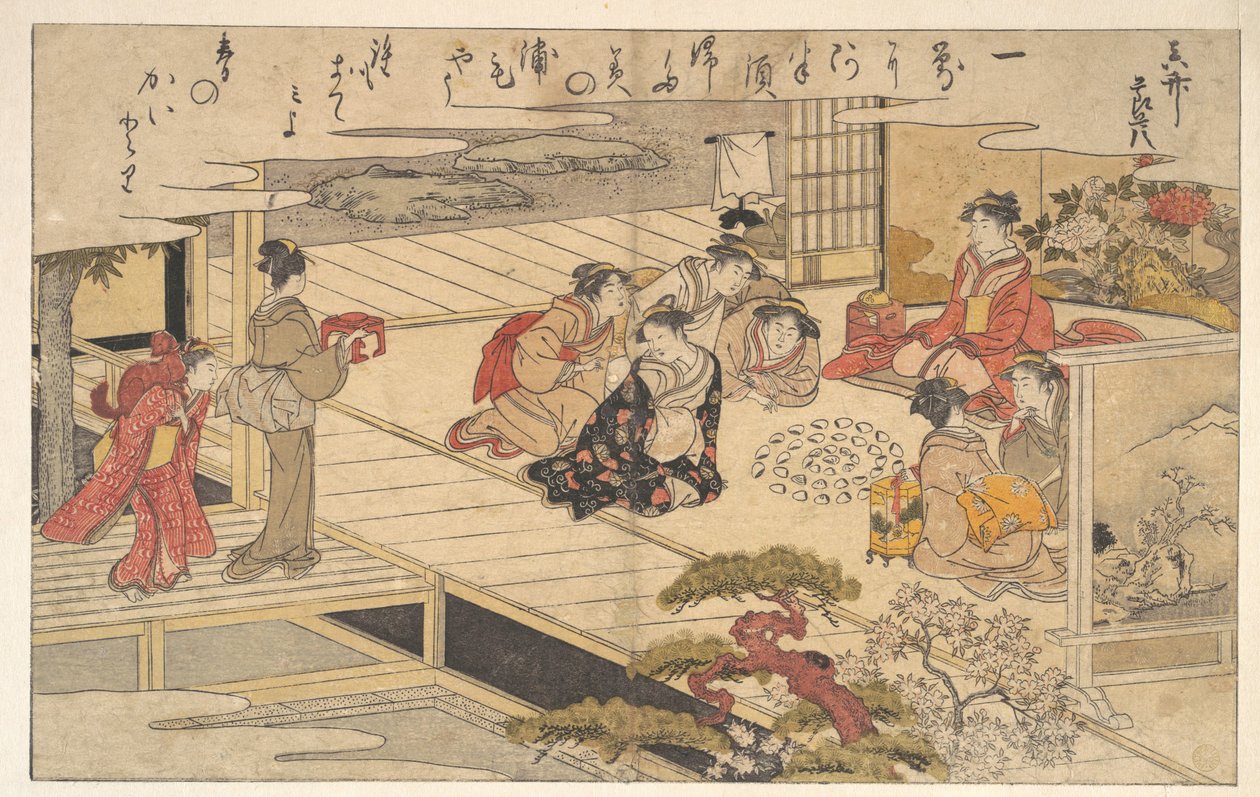 Meisjes die een spelletje spelen met schelpen door Kitagawa Utamaro