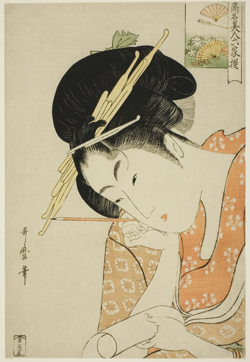 Hanaogi van de Ogiya, uit de serie "Beroemde schoonheden vergeleken met de zes onsterfelijke dichters (Komei bijin rokkasen)" door Kitagawa Utamaro